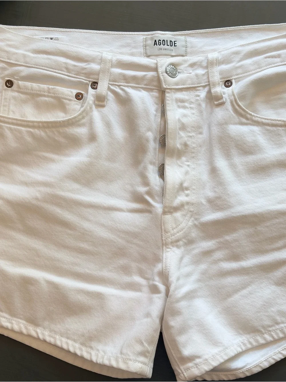 Agolde White Parker Long High-Rise Button-Fly, Finished Hem, Denim Shorts